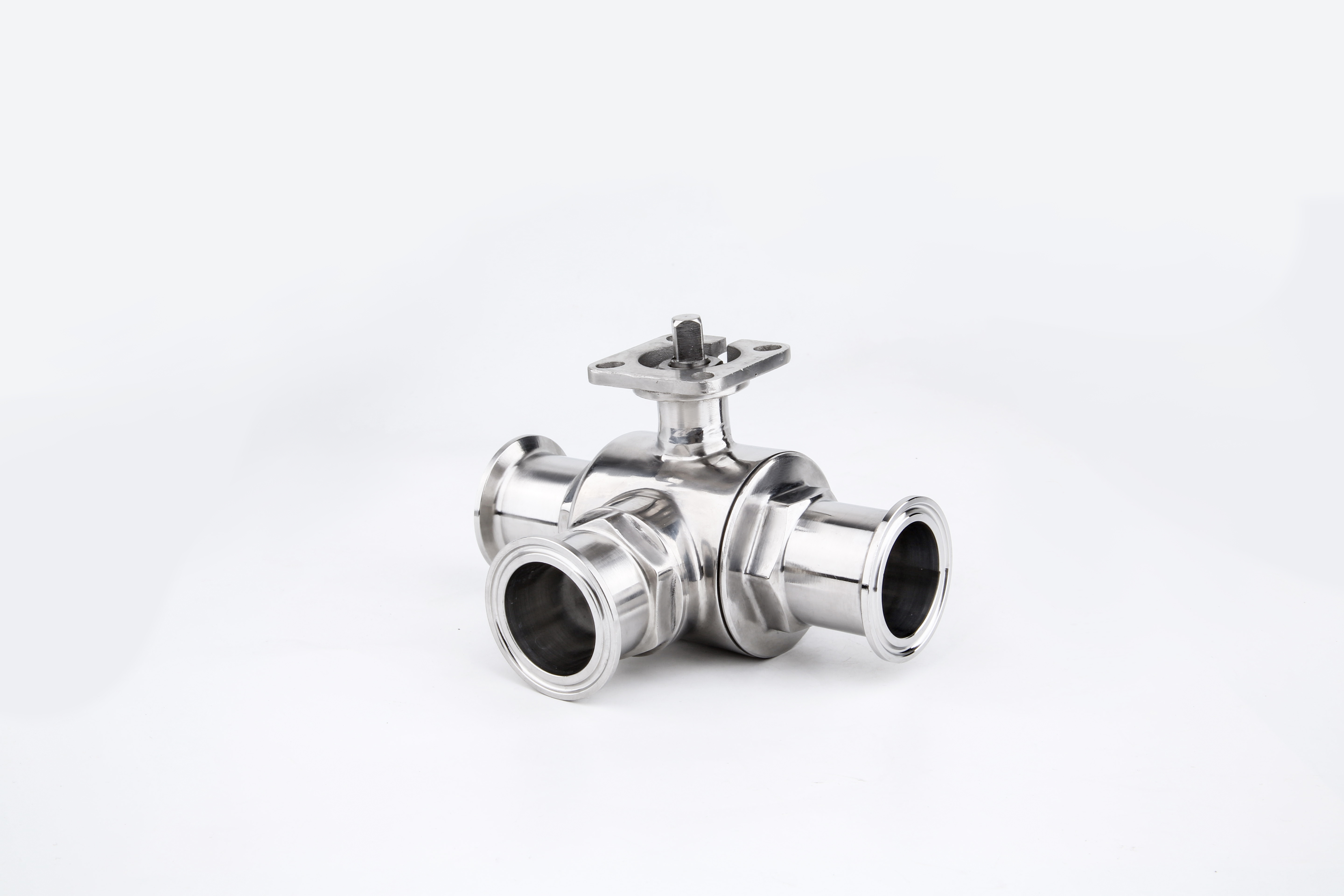 Sanitary-grade platform three-way Tri-clamp ball valve