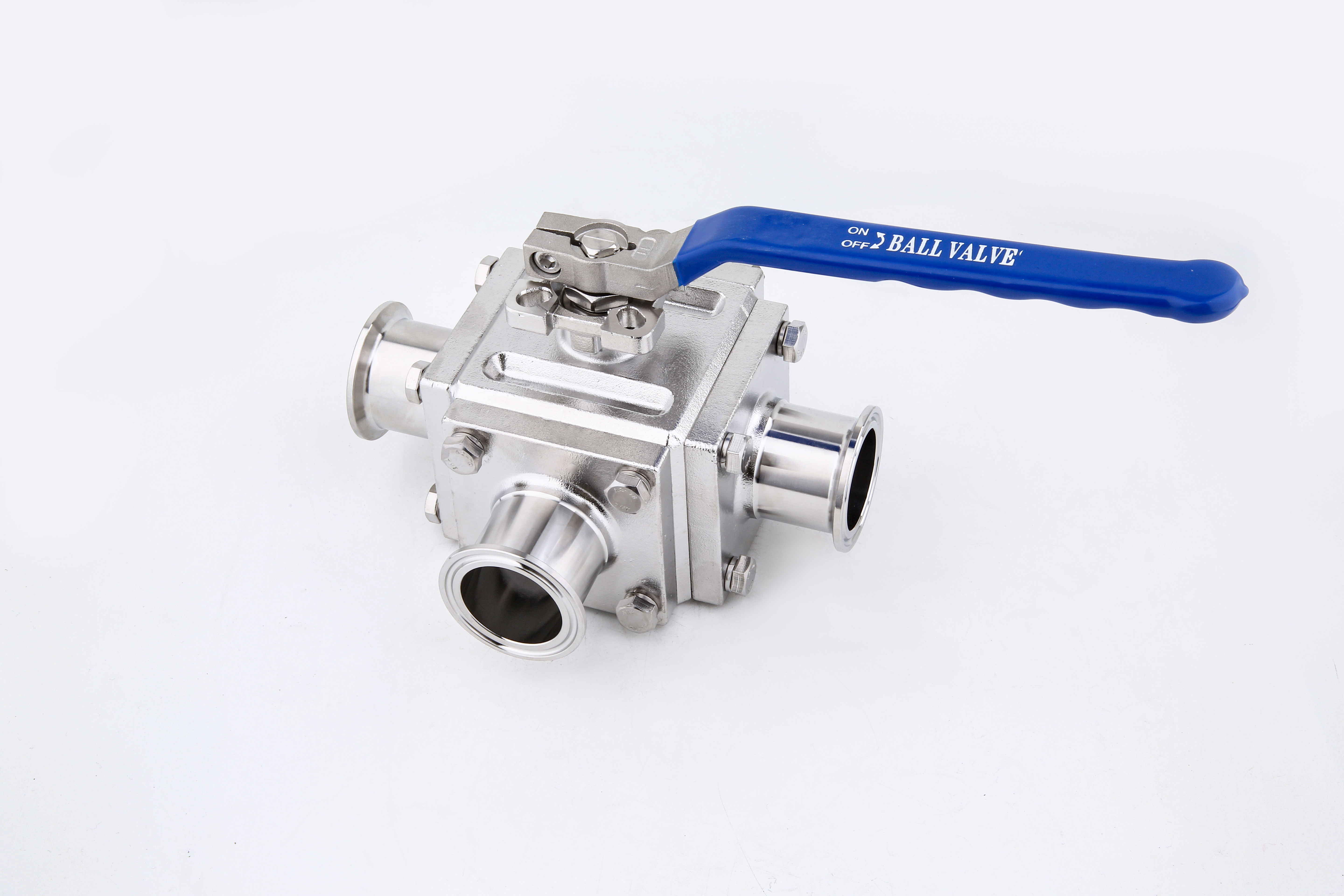 Sanitary manual three-way Tri-clamp rectangular ball valve with no residue retention