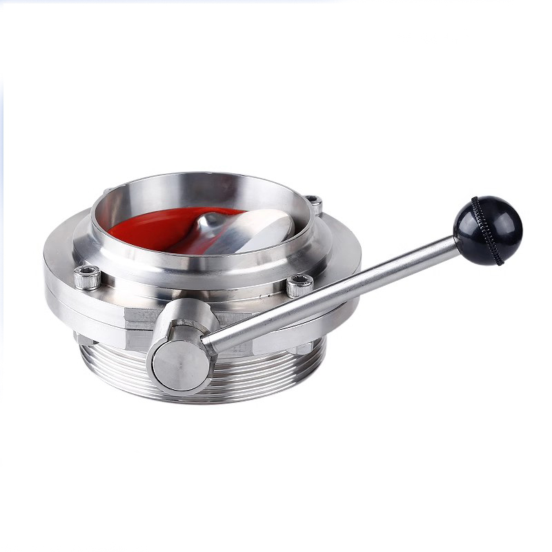 Sanitary union thread and welded butterfly valve adjustment limit handle